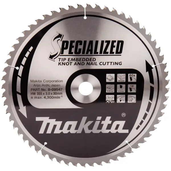 Makita 355 x 30 mm 60-tands Cirkelzaagblad Hout (noest/spijker) | Embedded Tip - B-09547