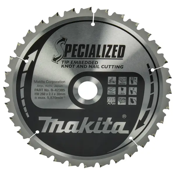 Makita 260 x 30 mm 32-tands Afkortzaagblad Hout (noest/spijker) | Embedded Tip - B-42385