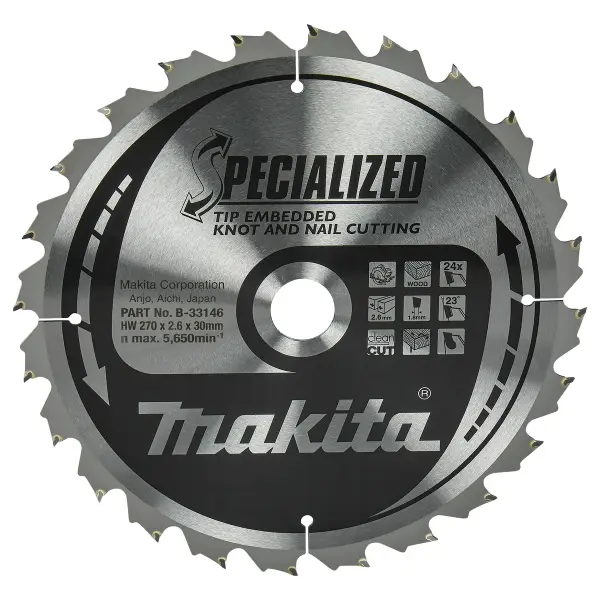 Makita 270 x 30 mm 24-tands Cirkelzaagblad Hout (noest/spijker) | Embedded Tip - B-33146