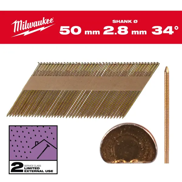Milwaukee 50mm 34° Nagels D-kop | Ring Schacht | Gegalvaniseerd | (2200 stuks) - 4932492606