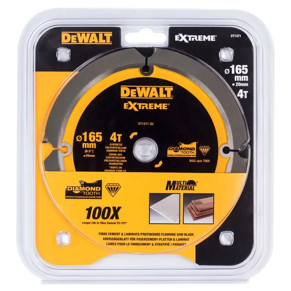 DeWALT DT1471 Diamantcirkelzaagblad 165 x 1,8 x 20 mm 4-tands EXTREME Vezelcement & laminaat