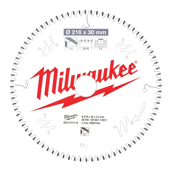 Milwaukee Cirkelzaagblad kunststof en non-ferro 216 x 30 x 2,4 mm 80T - 4932471319