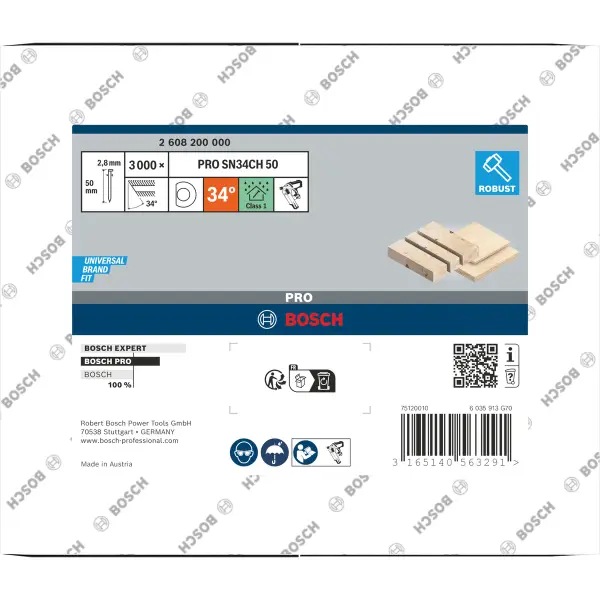 Bosch 90 mm 3,1 x 7,1 34° D-kop nagel | Glad | Blank | (D-vorm) | 2500 stuks - Professional PRO SN34CH - 2608200004