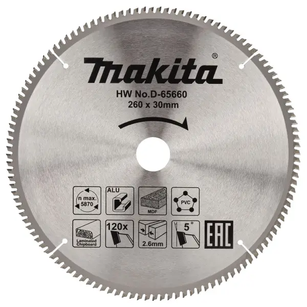Makita Afkortzaagblad voor Multimaterial | Standaard | Ø 260mm Asgat 30mm 120T - D-65660