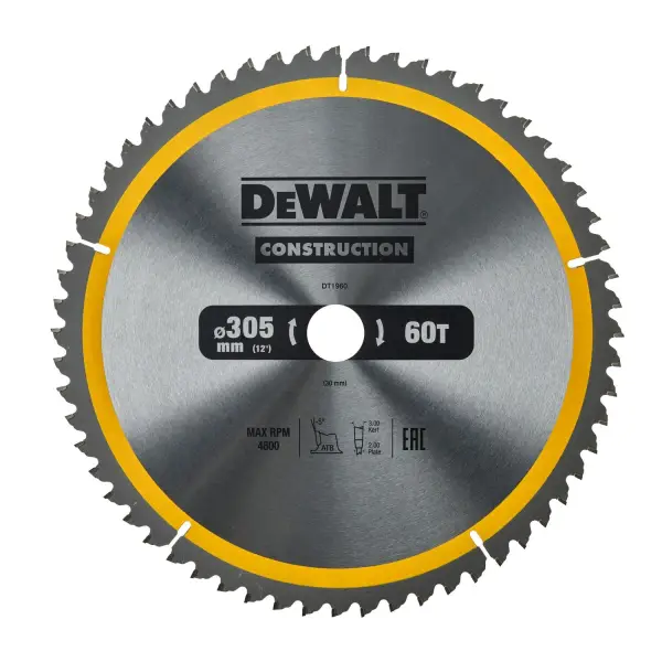 DeWALT Ø 305mm Asgat 30mm 60T Cirkelzaagblad voor Hout | Construction - DT1960-QZ
