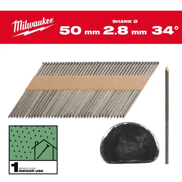 Milwaukee 50mm 34° Nagels D-kop | Gladde Schacht | Blank | (2200 stuks) - 4932492595