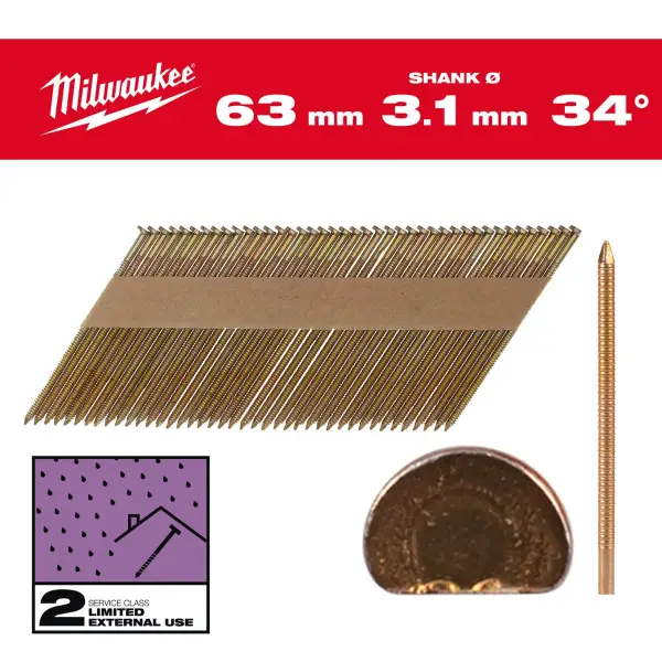 Milwaukee 63x3,1mm 34° Nagels D-kop | Ring Schacht | Gegalvaniseerd | (2200 stuks) - 4932492609