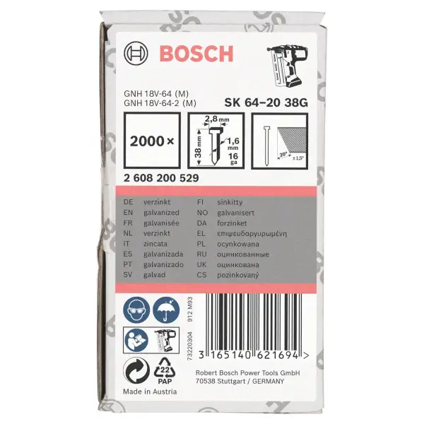 Bosch 38mm 16Ga 20° Afwerknagel verzinkt (2000 stuks) - Professional - 2608200529