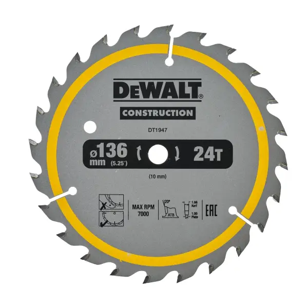 DeWALT Ø 136mm Asgat 10mm 24T Cirkelzaagblad voor Hout | Construction - DT1947-QZ