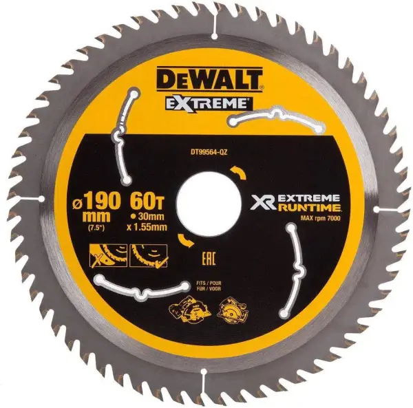 DeWALT Ø 190mm Asgat 30mm 60T Cirkelzaagblad voor Hout | Extreme Runtime - DT99564-QZ