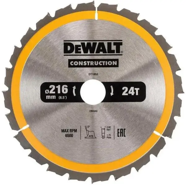 DeWALT Ø 216mm Asgat 30mm 24T Cirkelzaagblad voor Hout | Construction - DT1952-QZ
