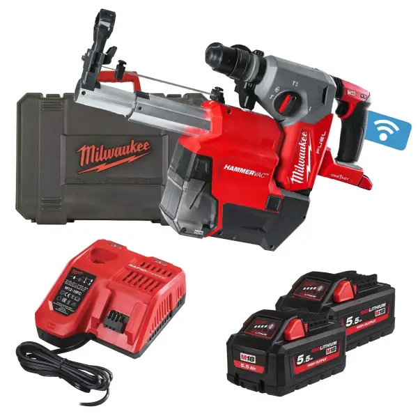 Milwaukee M18 FUEL™ ONEFHX DEL-552C ONE-KEY™ Accu combihamer SDS-Plus 2,5J + snelwisselboorkop + stofafzuiging 18V 5.5Ah in in koffer - 4933478506