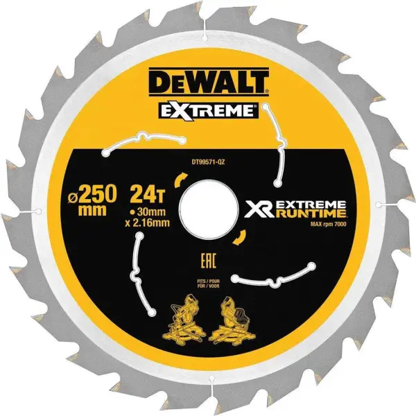 DeWALT Ø 250mm Asgat 30mm 24T Cirkelzaagblad voor Hout | Extreme Runtime - DT99571-QZ