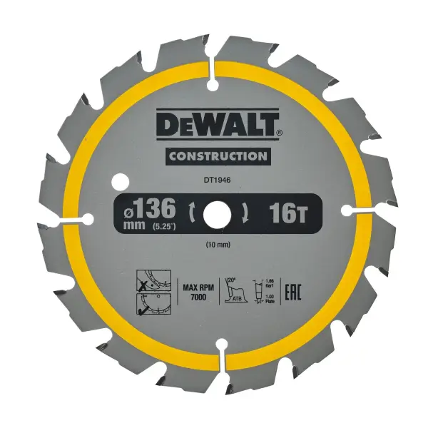 DeWALT Ø 136mm Asgat 10mm 16T Cirkelzaagblad voor Hout | Construction - DT1946-QZ