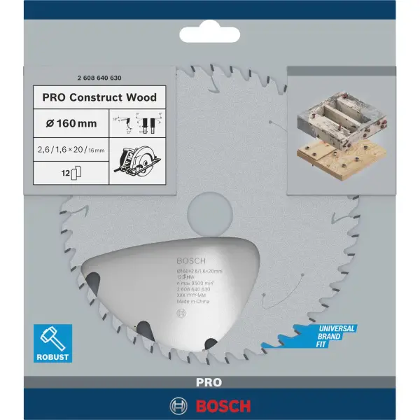 Bosch Ø 160 x 2,6 x 20mm 12T Cirkelzaagblad PRO Construct Wood - Professional - 2608640630