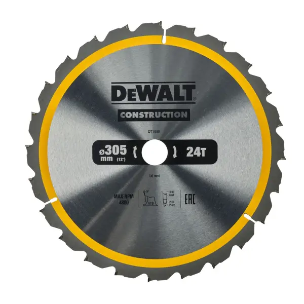 DeWALT Ø 305mm Asgat 30mm 24T Cirkelzaagblad voor Hout | Construction - DT1958-QZ