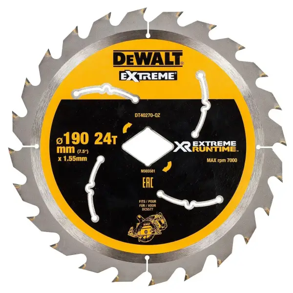 DeWALT Ø 190mm Asgat Ruit 24T Cirkelzaagblad voor Hout | Extreme Runtime - DT40270-QZ