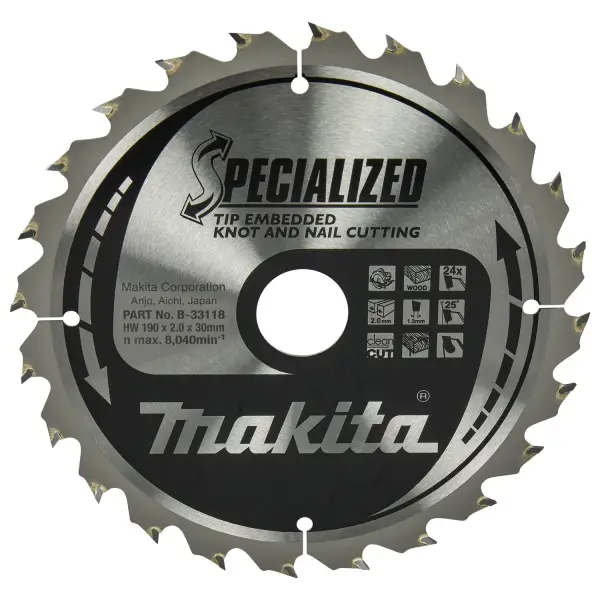Makita Ø 190mm Asgat 30mm 24T Cirkelzaagblad voor Hout | Specialized: Noest/Spijker - B-33118