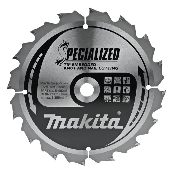Makita B-09335 Cirkelzaagblad Hout (noest/spijker) | Embedded Tip | 185 x 15,88 mm | 16-tands