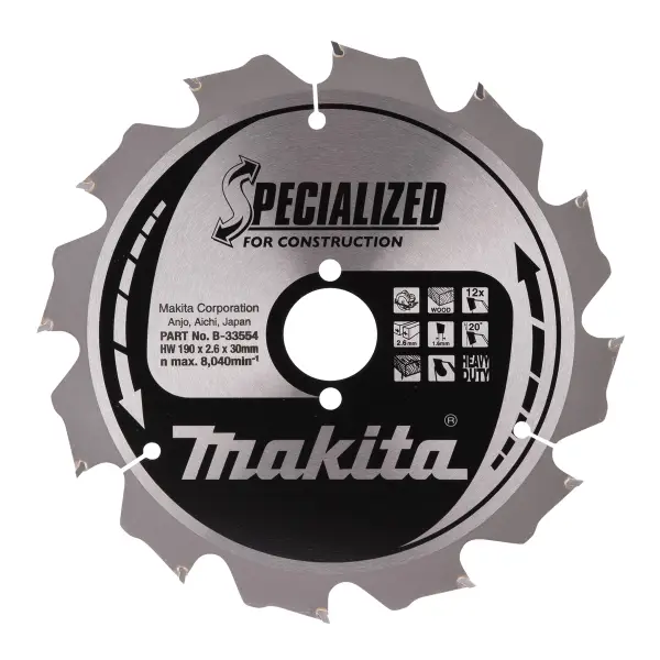 Makita B-33554 Cirkelzaagblad Hout (bouw/constructie) | Specialized | 190 x 30 mm | 12-tands