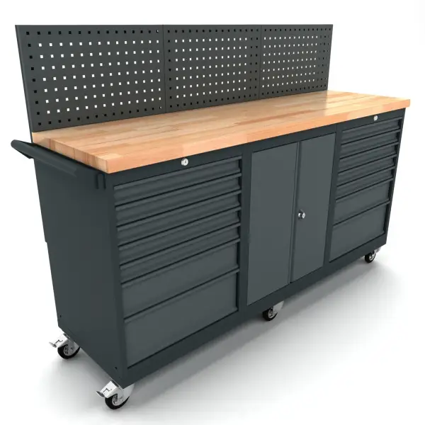 Verrijdbare werkbank 2 deuren 2 x 7 laden kast incl. gereedschapswand