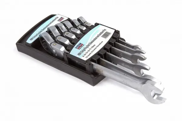 HBM 6-delige ring, ratel, steeksleutelset met kantelbare kop