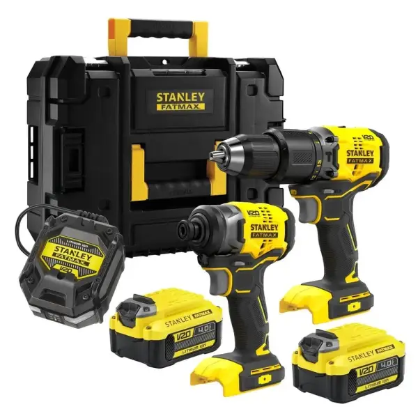 Stanley SFMCK461M2T-QW – Set met 2 stuks: klopboormachine en slagschroevendraaier, inclusief 2 V20-18V 4Ah accu’s en snellader in TSTAK-koffer.