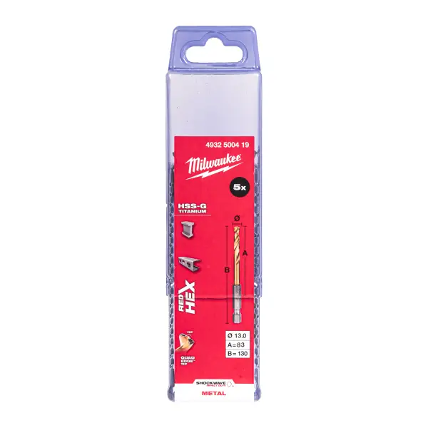 Milwaukee Metaalboor HSS-G Ti. SHOCKWAVE RED HEX 13 mm (5 stuks) - 4932500419
