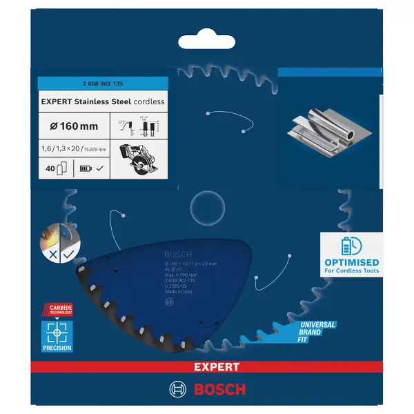 Bosch Professional EXPERT RVS cordless cirkelzaagblad | 160 x 1,6 x 20 mm 40-tands - 2608902135