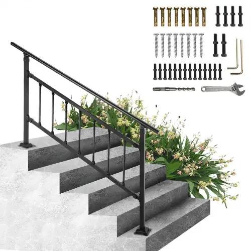 VEVOR Trapleuning, Geschikt voor 1-4 Treden Overgangs Smeedijzeren Trap Rail, Verstelbare Balustrade Trap Rail, Trapleuning Steun voor Betonnen Treden met Installatiekit, Mat Zwarte Buiten Trapleuning