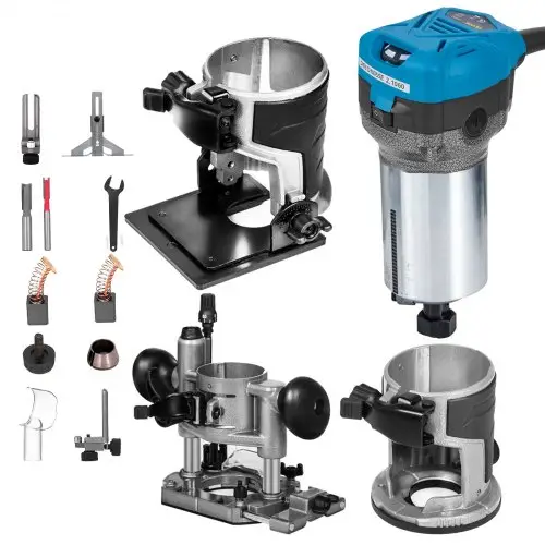 VEVOR Houtfrees 710W, compacte houtfrees met 3 voetstukken, 10.000-30.000 tpm kantenfrees, 1/4" & 3/8" multifunctionele frees met kantelbare voet, duikvoet, lamineermachine voor houtbewerking