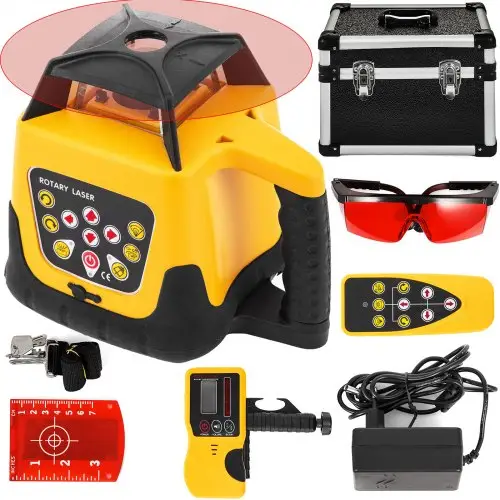 VEVOR Red Professional Rotary Laser Max. werkbereik 100 m, 360 graden roterende laserwaterpas Water- en stofdicht Buitenwerktijd 20 uur in koffer 2 kg Afstandsbediening Gele behuizing