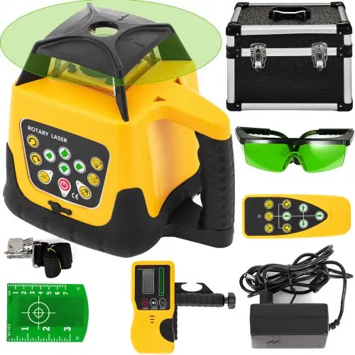 VEVOR Professionele roterende laser Groen licht Max. werkbereik 500 m, 360 roterende laser Water- en stofdicht Buitenwerktijd 20 uur in gereedschapskoffer 2 kg Afstandsbediening met accessoires