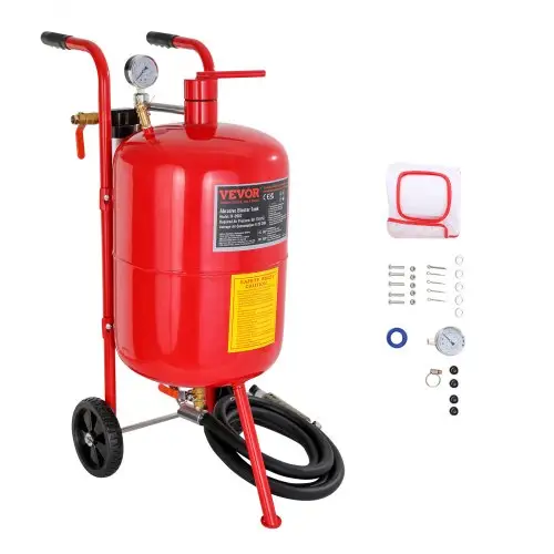 VEVOR 40L zandstraalmachine, uitgerust met sproeier, afsluitklep, manometer, keramische sproeier, 2,5 m slang, vultrechter, waterafscheider en 15 cm rubberen wielen. Draagbare zandstraalmachine.
