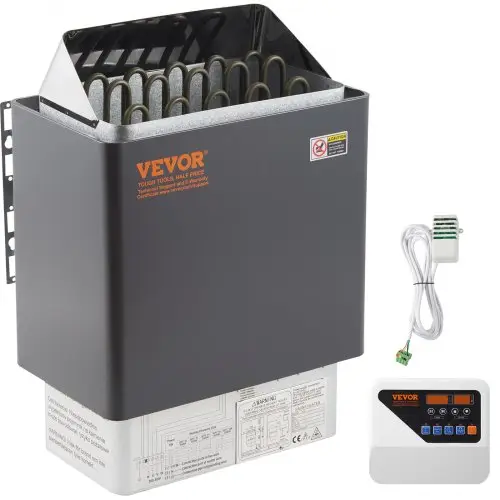 VEVOR Saunakachel 9 kW, elektrische saunakachel 380 V - 415 V, roestvrijstalen saunakachel, elektrische saunakachel met 2 standen (temperatuur, tijd), met externe bedieningseenheid en 3M temperatuursensor (saunastenen niet inbegrepen)