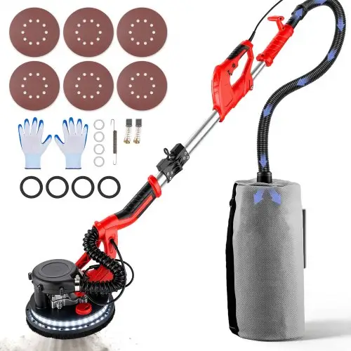VEVOR Roterende Wandschuurmachine 750W, Opvouwbare Gipsplaatschuurmachine met Telescopisch Handvat, Variabele Snelheid 800–1750 RPM, Wandschuurmachine met LED-stripverlichting en Stofzak