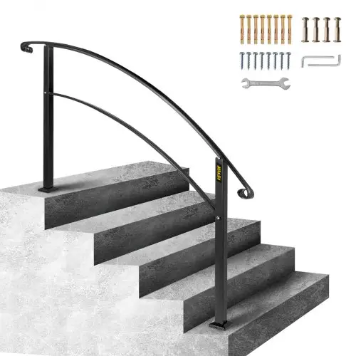 VEVOR Smeedijzeren Leuning 4-5 Treden Trap Leuning 62,5 cm Smeedijzeren Leuning Rail Afstand Tussen Palen 120,5 cm Outdoor Indoor Trapleuning voor Tuinen Woongebouwen Commerciële Kantoorgebouwen Zwart