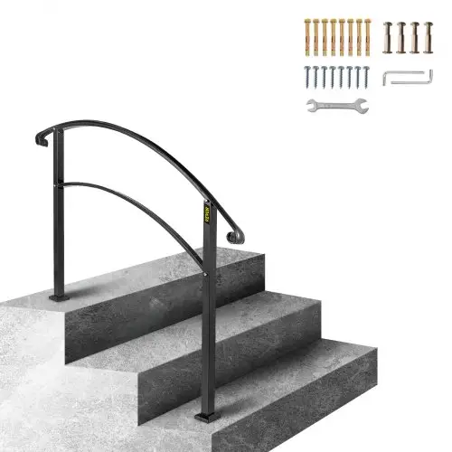 VEVOR Smeedijzeren Leuning 2-3 Treden Trap Leuning 47,5 cm Smeedijzeren Leuning Rail Afstand Tussen Palen 63,5 cm Outdoor Indoor Trapleuning voor Tuinen Woongebouwen Commerciële Kantoorgebouwen Zwart