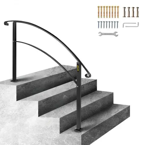 VEVOR Smeedijzeren Leuning 3-4 Treden Trap Leuning 47,5 cm Smeedijzeren Leuning Rail Afstand Tussen Palen 95,5 cm Outdoor Indoor Trapleuning voor Tuinen Woongebouwen Commerciële Kantoorgebouwen Zwart
