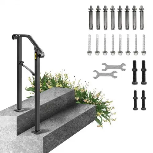 VEVOR Smeedijzeren Leuning 1-2 Treden Trap Leuning 17,3 cm Smeedijzeren Leuning Rail Afstand Tussen Palen 30 cm Outdoor Indoor Trapleuning voor Tuinen Woongebouwen Commerciële Kantoorgebouwen Zwart