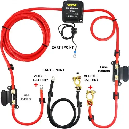 VEVOR 12V 140A spanningsgevoelige relaiskit dubbele batterij-isolatorkit, universele waterdichte split-charge batterij-relais rode zwarte batterijkabel voor ATV UTV vrachtwagens kamperen