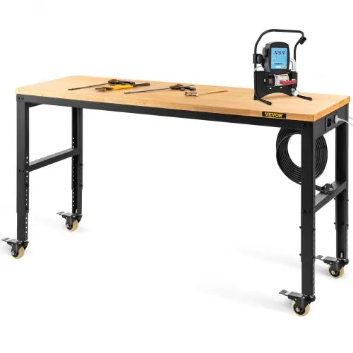 VEVOR werkbank, in hoogte verstelbaar, 122 cm L x 61 cm B x 104 cm H, garagetafel met een hoogte van 79 cm – 104 cm, draagvermogen 725,7 kg, met stopcontacten, hardhouten blad, metalen frame en zwenkwielen.