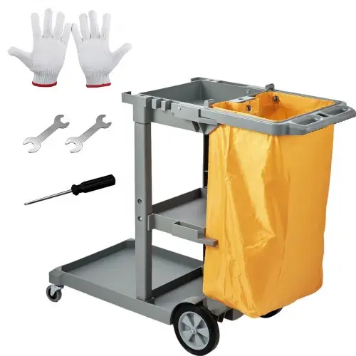 VEVOR schoonmaaktrolley met 3 compartimenten, hygiënetrolley, schoonmaaktrolley, draagvermogen 90,7 kg, grijze PP-dweiltrolley, systeemtrolley met PVC-afvalzak, geschikt voor kantoren, winkelcentra en hotels.