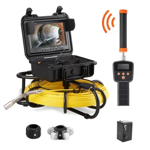 VEVOR rioolcamera met 512 Hz tracking, 91,5 m bereik, 23 cm pijpinspectiecamera met DVR-functie, IP68-classificatie, 12 verstelbare LED's, een 16 GB SD-kaart voor rioolleidingen, huis, riolering en afvoerbuizen.