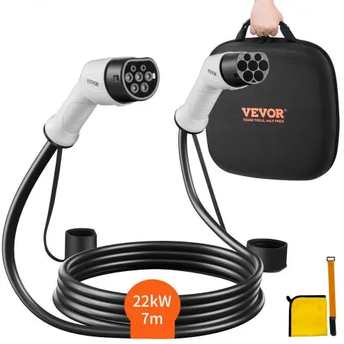 VEVOR Type 2 laadkabel voor elektrische/hybride EV's, laadkabel voor e-cars, wallbox 22kW, TPU laadkabel, 7 meter kabellengte, 3-fasen AC 380V, Type 2 naar Type 2, water- en stofbestendig, compatibel met alle Type 2 modellen.