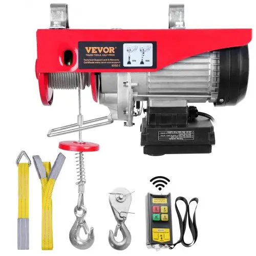 VEVOR 230V elektrische lier met een hefhoogte van 125 kg tot 250 kg, een katrolmotor van 12 m, een hefsnelheid van 10 m/min en een takel met draadloze afstandsbediening.