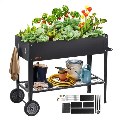 VEVOR Verhoogd tuinbed op wielen, plantenbak, bloembak, tuinplantenbak, moestuinbed voor op het terras, tuinbed, plantenbak, zwart, 110x49,5x80cm, gegalvaniseerd staal, ideaal voor het kweken van groenten, fruit en kruiden.
