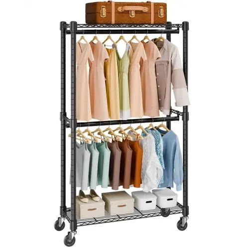 VEVOR Kledingrek op wielen, garderobekaststandaard, 1 kledingstang, 2 niveaus, draagvermogen van 136 kg. Duurzaam kledingrek op wielen voor slaapkamer, wasruimte, kleedkamer, entree etc.