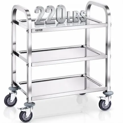 VEVOR Laboratoriumtrolley, apparatuurtrolley, serveerwagen voor medische technologie 201 Roestvrijstalen draagbare opruimtrolley 100 kg draagvermogen, 740 x 396 x 860 mm Laboratoriumrolwagen Medische trolley Drievoudig ontwerp Zilver