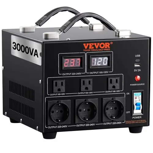 VEVOR 3000W spanningsomvormer transformator AC 110V⇋220V transformatoromvormer 3 Amerikaanse NEMA 5-15R 3-pins uitgangsaansluitingen, 3 Europese Shucko-uitgangsaansluitingen, 1 USB-aansluiting en 1 Type-C-aansluiting